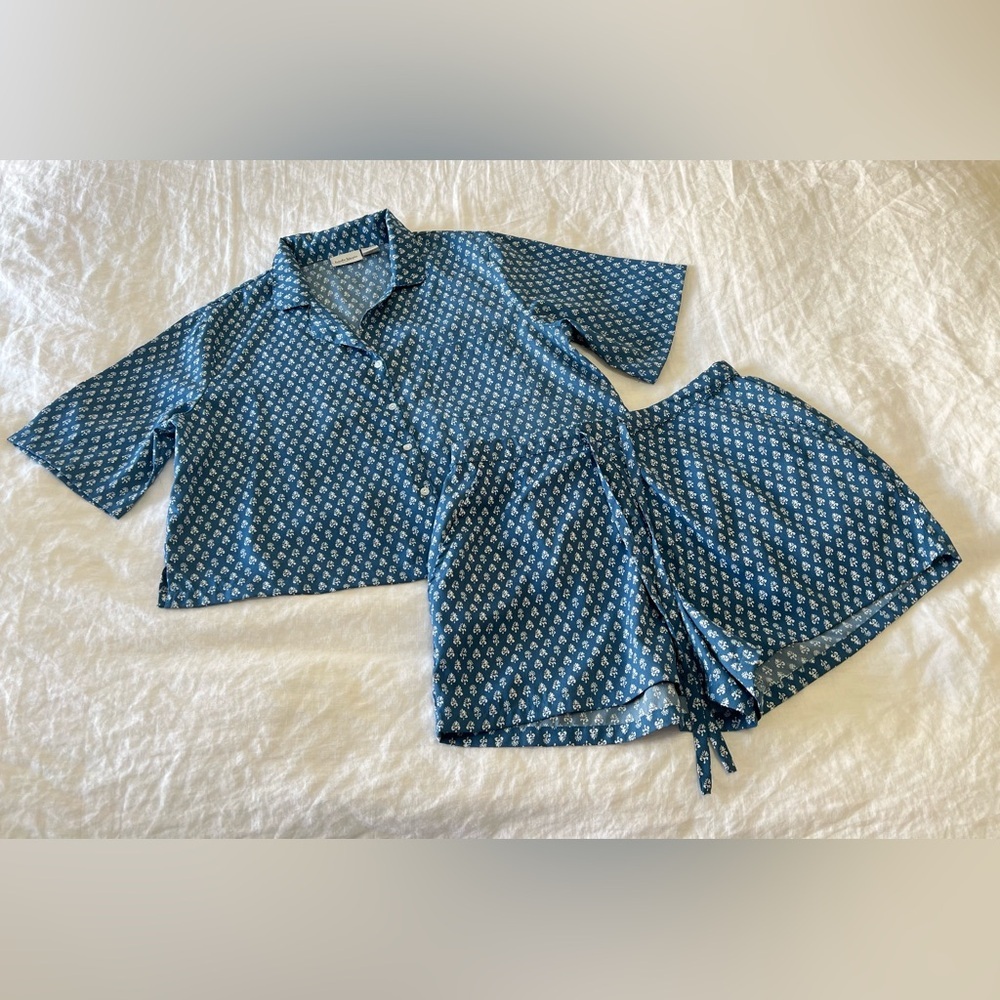 Haute Hippie | Women’s SZ Medium | Shorts Pajama Top Set | Blue White Button